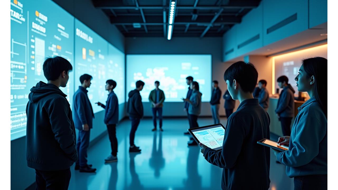 Diverse group of Korean students and educators collaborating in a modern, bright learning environment, using tablets and interactive screens.