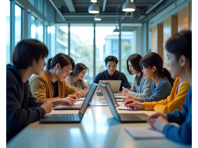 A diverse group of eager Korean students studying together, symbolizing global academic pathways and collaborative learning.