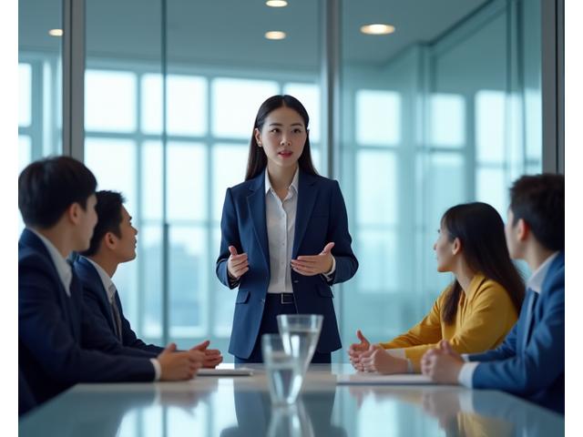 A young Korean professional confidently presenting in a modern office, surrounded by diverse colleagues, symbolizing career success and collaboration.