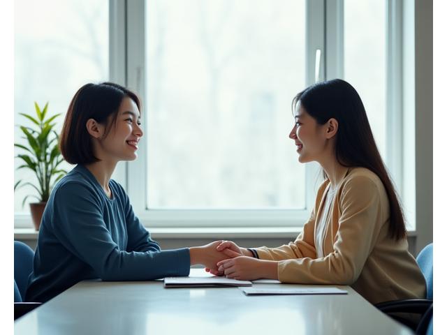 A confident Korean student shaking hands with a professional academic counselor in a bright, modern office, symbolizing successful guidance and a clear academic future.