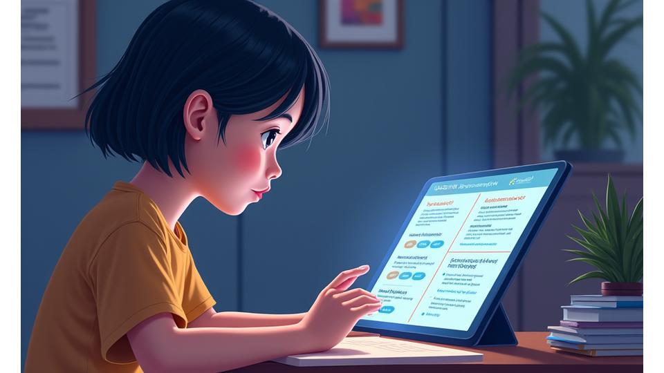 Illustration of a student receiving instant, detailed feedback on a tablet, with concepts like recommended resources and next steps highlighted.