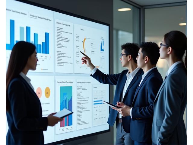 Team of Korean educational professionals collaborating in an office, reviewing digital content on large screens, indicating ongoing support, updates, and performance monitoring.