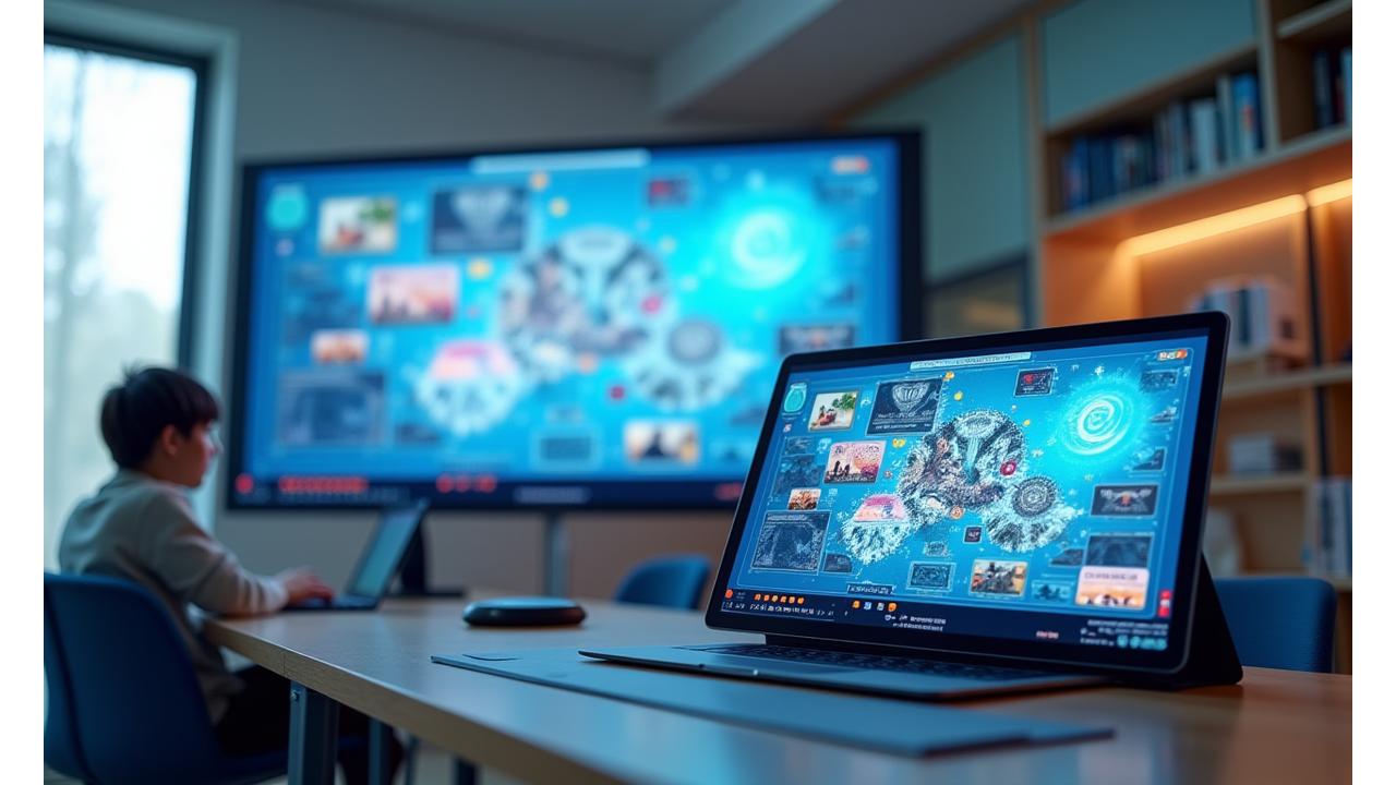 Diverse digital educational content examples on various screens, showcasing interactive textbooks, multimedia lessons, and AI-driven assessments, tailored for Korean students.