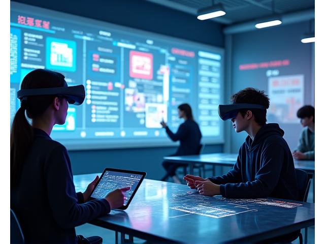 Futuristic digital classroom with holographic projections and students interacting with educational content via VR headsets and tablets, emphasizing AI personalization and responsive design, subtle Korean text overlays.