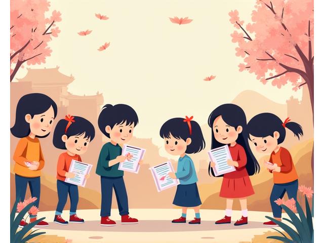 Illustration of a student learning English with Korean cultural elements in the background, like a traditional Korean house and students in school uniforms.