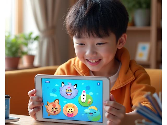 A student interacting with a tablet displaying a gamified English learning app, with colorful graphics and progress indicators.