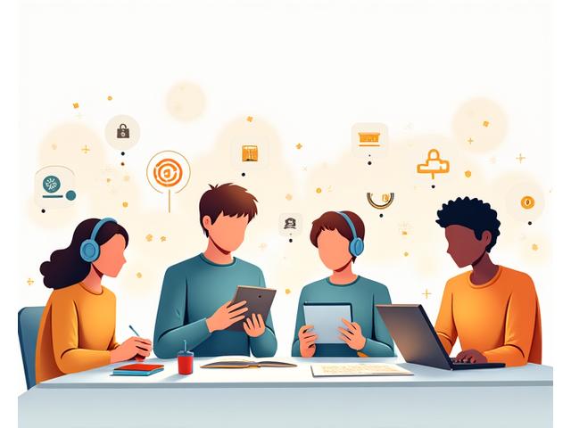 Illustration of a student using text-to-speech software, with overlayed icons representing various assistive technologies.