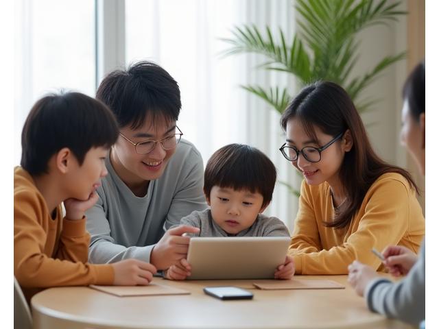 Korean family (parents and child) engaging positively with an educator, symbolizing family and caregiver support.
