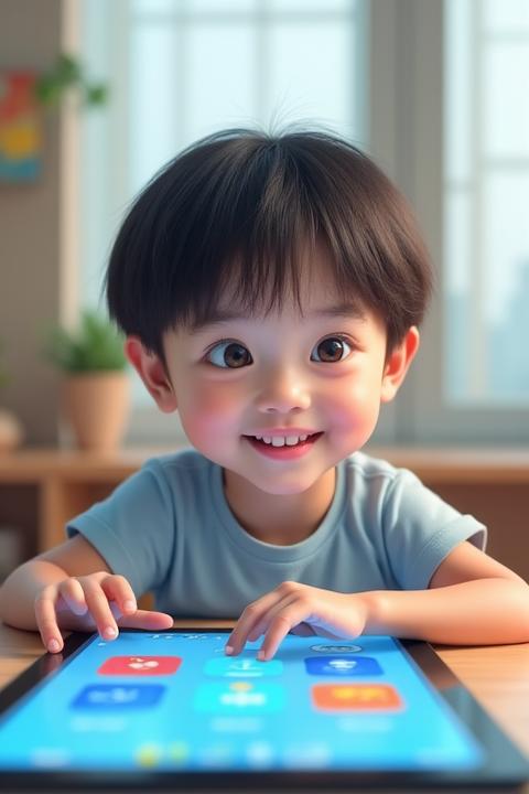 Child interacting with adaptive learning technology, showcasing accessibility features on a tablet.