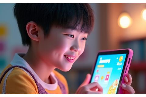 학생이 태블릿으로 게임화된 학습 앱을 사용하는 모습