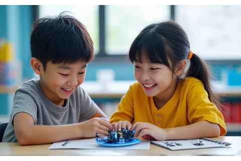 어린 학생들이 로봇 코딩을 배우고 있는 모습