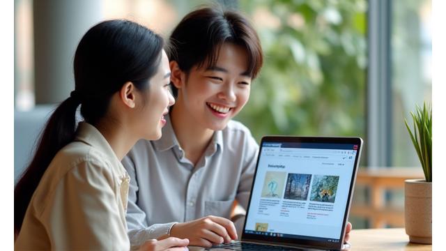 학생들과 교사가 함께 노트북을 보는 교육 블로그 이미지
