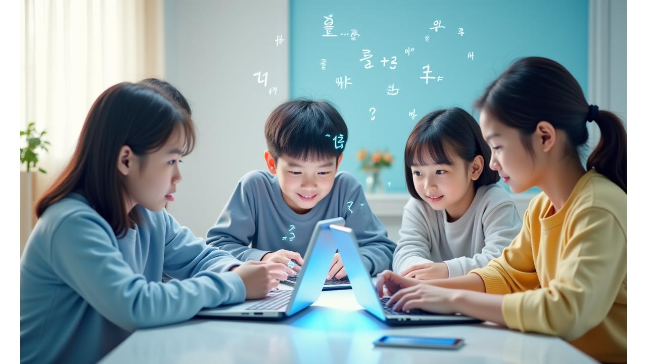 A diverse group of Korean students actively engaged in online learning sessions with tutors on laptops and tablets, with a subtle overlay of virtual classroom elements.