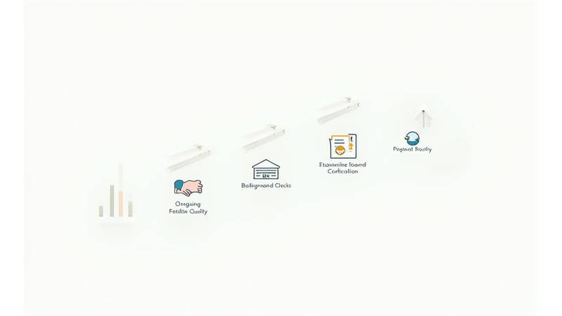 Illustration showing a multi-step process for selecting expert tutors, with icons representing academic credentials, interviews, background checks, and training.
