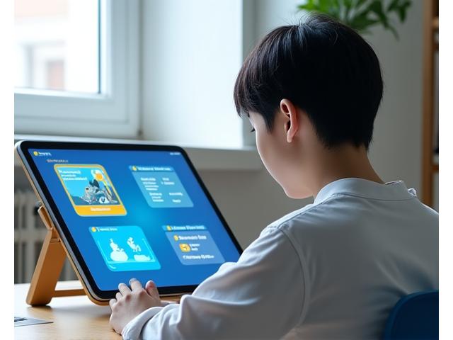 Student interacting with a dynamic online learning platform, showing various content formats like videos, quizzes, and interactive exercises, all adjusting to their progress.