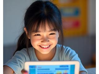 A smiling Korean student with learning differences confidently interacting with an educational app that provides adapted content, in a supportive classroom environment.
