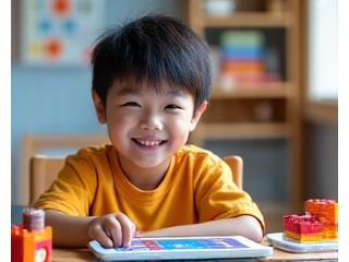 A cheerful Korean elementary student enthusiastically solving a math problem on a tablet, surrounded by colorful, engaging graphics.