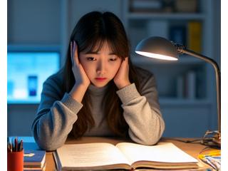 A focused Korean high school student studying intently at a desk, surrounded by textbooks and a laptop, with a determined expression.