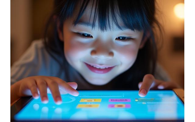 A young Korean girl smiling while coding on a tablet, with colorful lines of code on the screen, reflecting creativity and engagement.