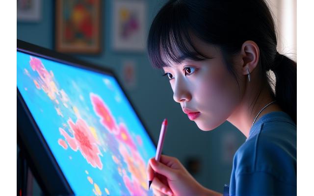 Young Korean student working on a digital art piece on a drawing tablet, showcasing the integration of technology and creativity.