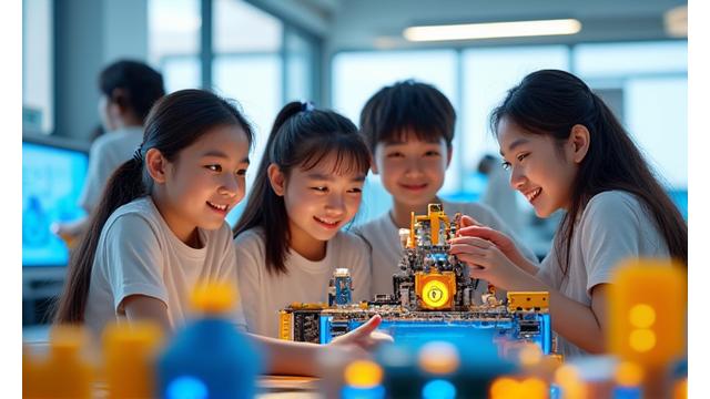 Young Korean student proudly presenting a robot they built, surrounded by peers and a supportive instructor in a vibrant learning environment.