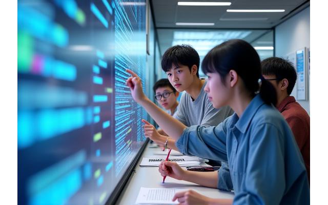 Young Korean students engaged in a collaborative project, pointing at a screen, symbolizing teamwork and critical thinking skills development.