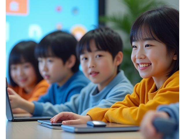 A diverse group of Korean students, including one using a screen reader, engaging in a virtual classroom, emphasizing inclusive design.