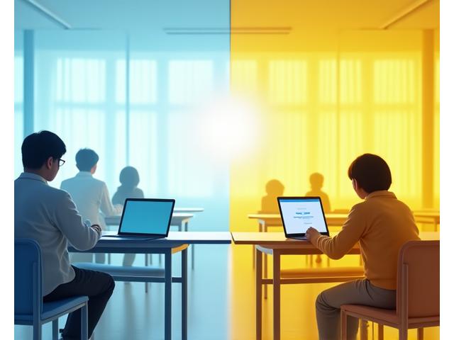 A visual representation of blended learning, showing a student seamlessly transitioning between a physical classroom and a virtual environment on a laptop.