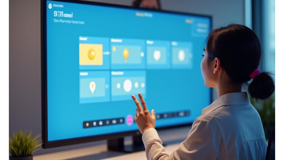 A Korean educator giving a virtual tour of the Solace Spark virtual classroom interface on a large monitor during a demonstration.