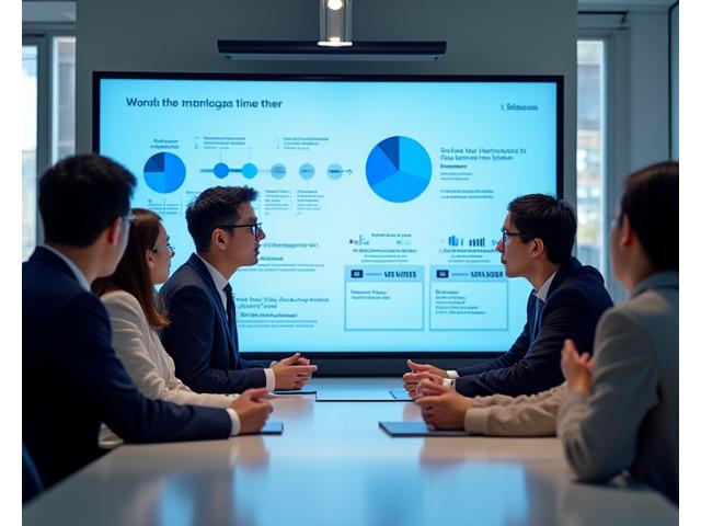 A team of professionals collaborating around a large screen, demonstrating product implementation and support processes for a Korean school.